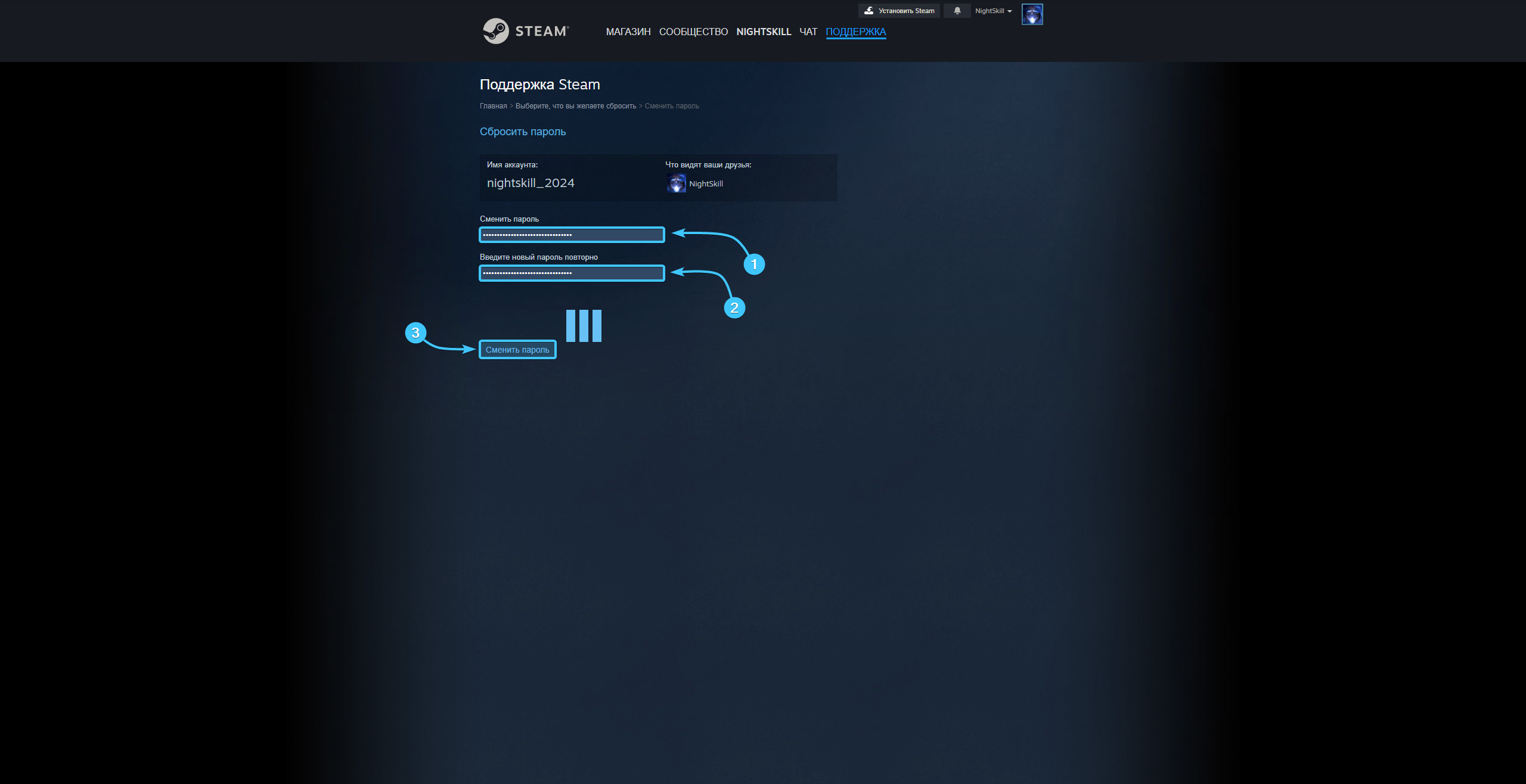 Смена пароля в «Steam»